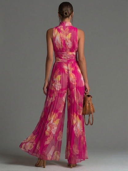 ESSENTIAL - Fuchsia Floral Pleated Chiffon Jumpsuit