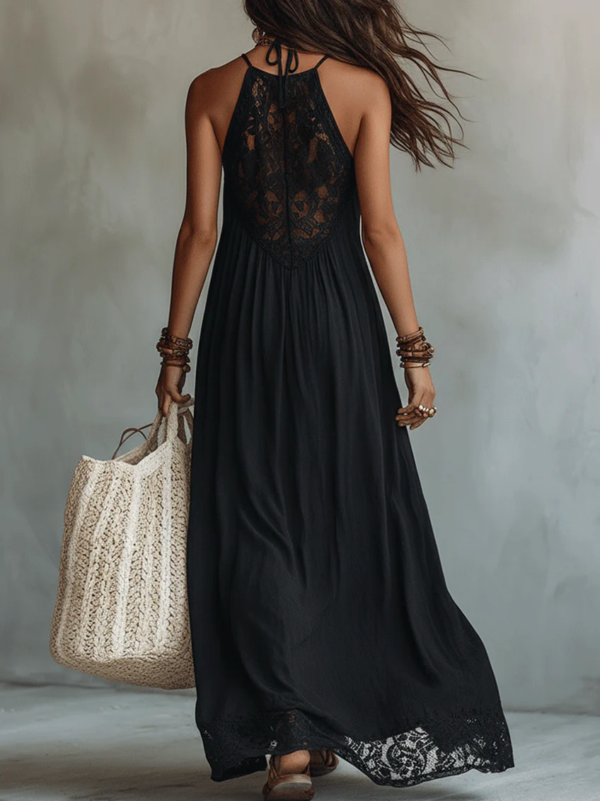 Black Sleeveless Bohemian Maxi Dress with Lace