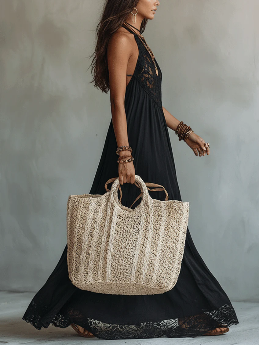 Black Sleeveless Bohemian Maxi Dress with Lace