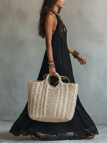 Black Sleeveless Bohemian Maxi Dress with Lace