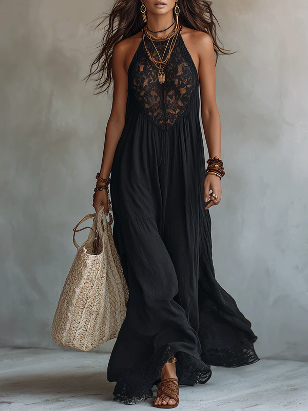 Black Sleeveless Bohemian Maxi Dress with Lace