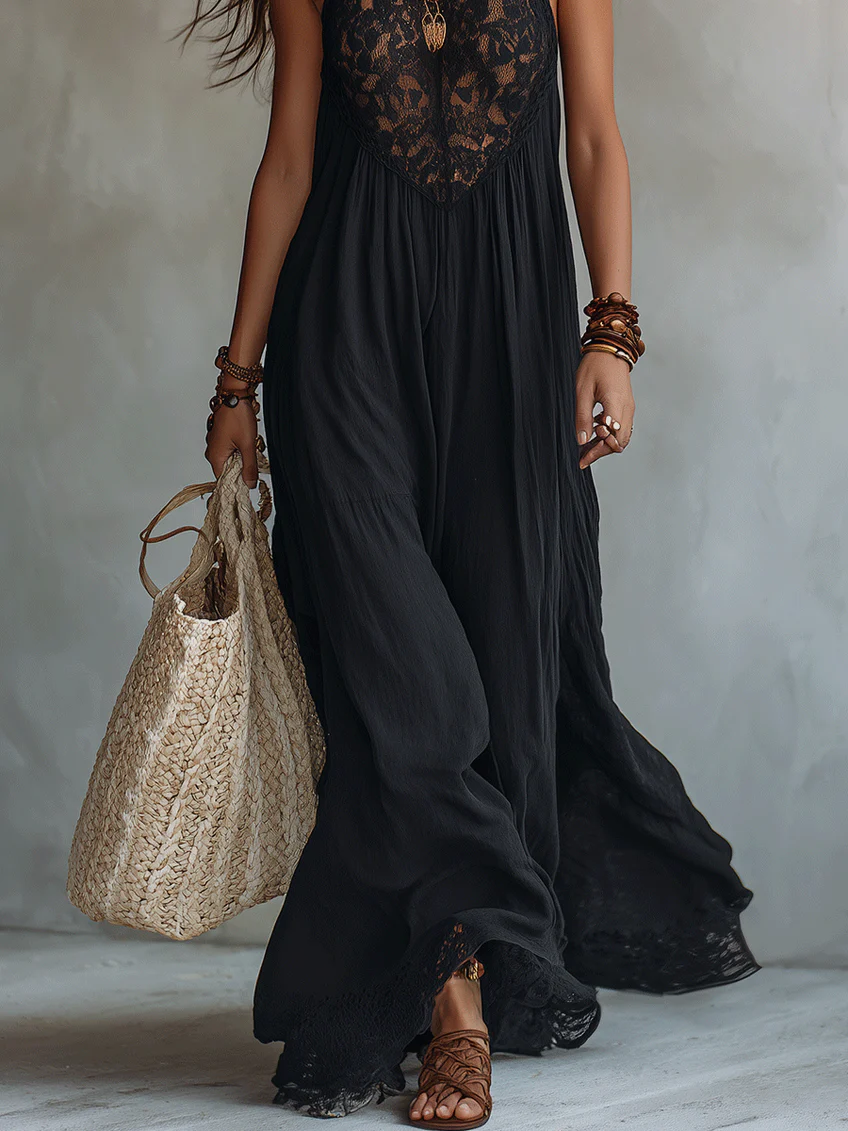 Black Sleeveless Bohemian Maxi Dress with Lace