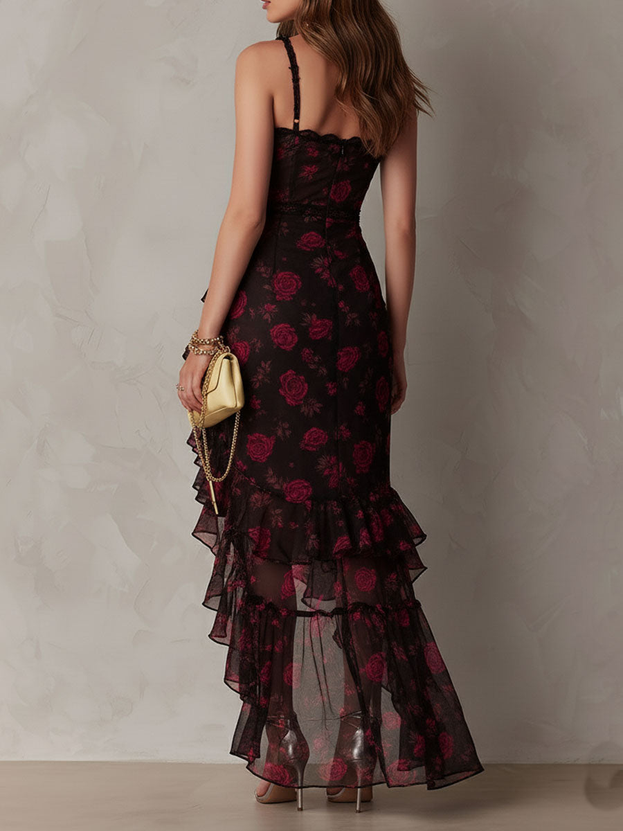 Chic Black and Red Dress with Ruffles and Ruffled Hem