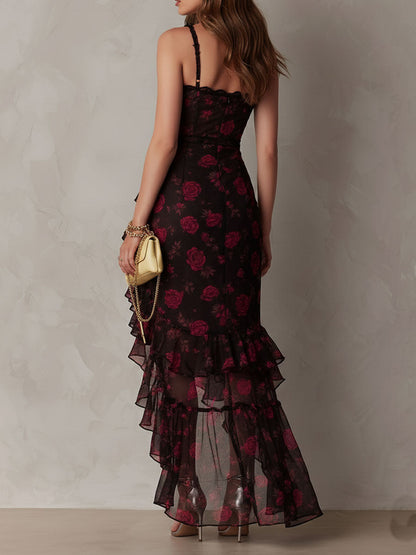 Chic Black and Red Dress with Ruffles and Ruffled Hem