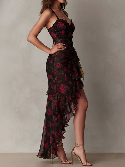 Chic Black and Red Dress with Ruffles and Ruffled Hem