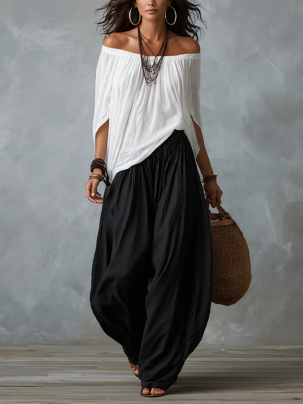 White Off-the-shoulder Top and Loose-fitting Lantern Trousers