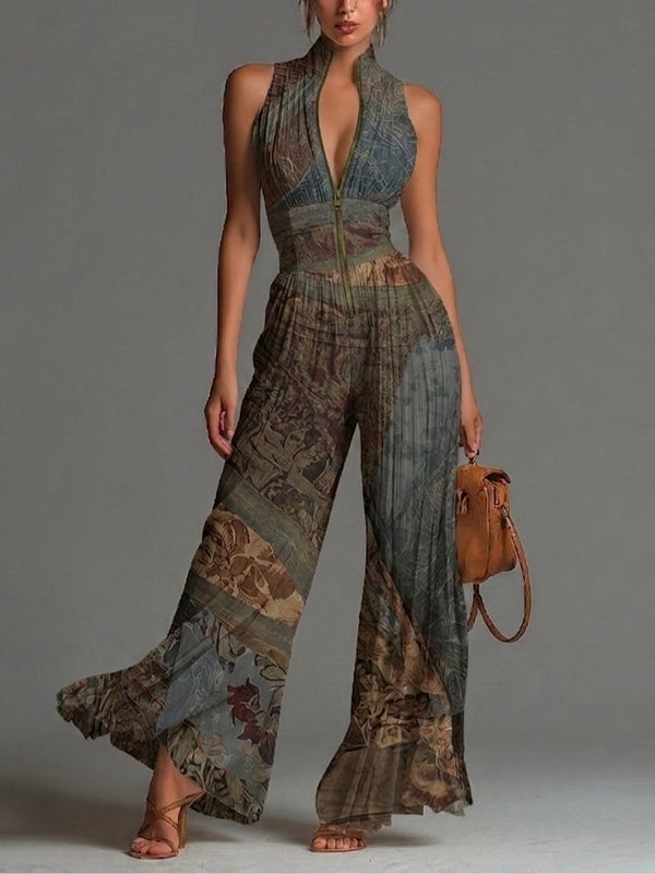 Sleeveless Chiffon Jumpsuit with Zip and Bohemian Ethnic Print