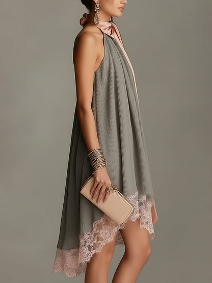 Beatrice | Grey satin mini dress with pink bow and lace