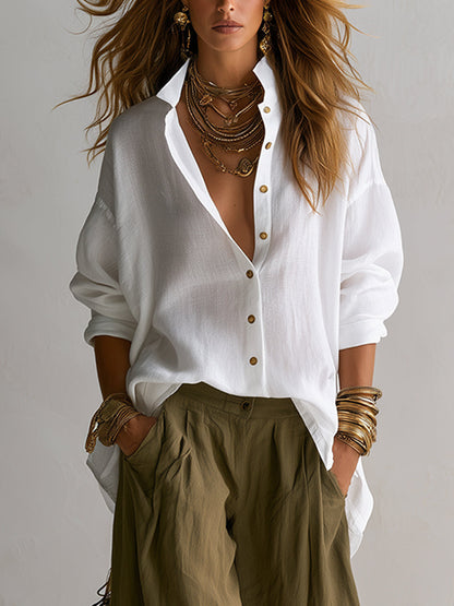 Capucine | White Loose Shirt and Olive Green Lantern Trousers