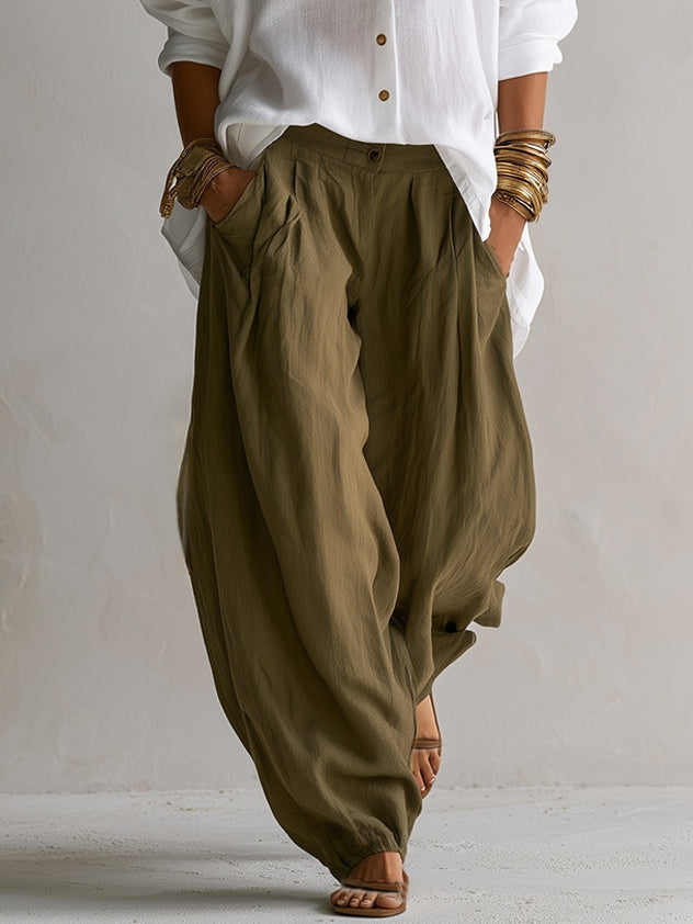 Capucine | White Loose Shirt and Olive Green Lantern Trousers
