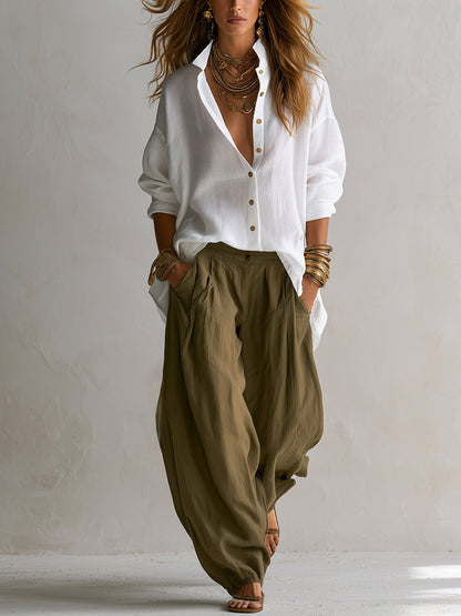 Capucine | White Loose Shirt and Olive Green Lantern Trousers