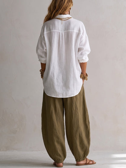 Capucine | White Loose Shirt and Olive Green Lantern Trousers