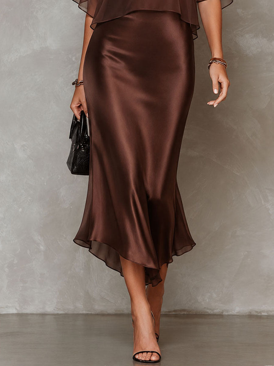 Brown Chiffon Blouse and Satin Midi Dress Two-Piece Set