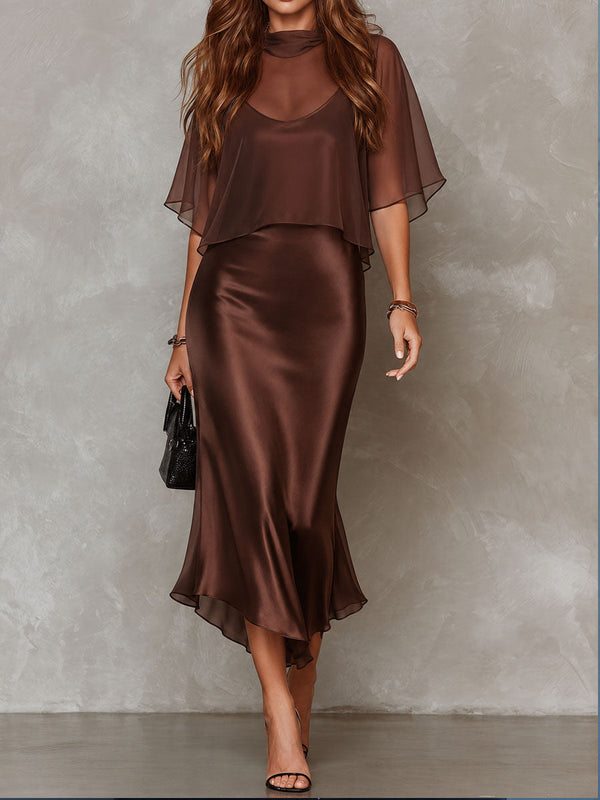 Brown Chiffon Blouse and Satin Midi Dress Two-Piece Set