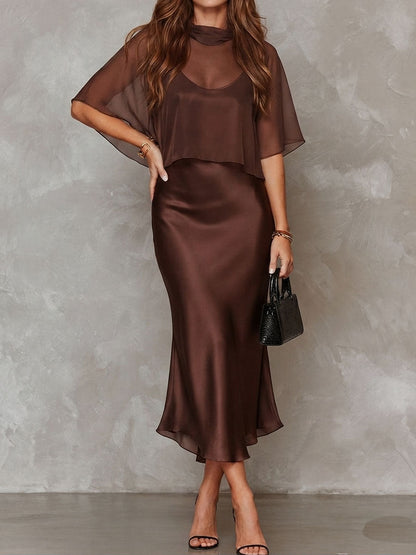 Brown Chiffon Blouse and Satin Midi Dress Two-Piece Set