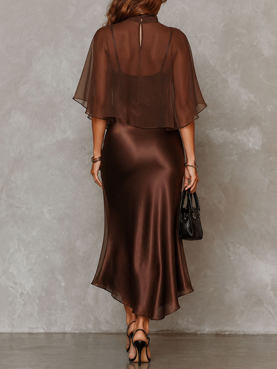 Brown Chiffon Blouse and Satin Midi Dress Two-Piece Set