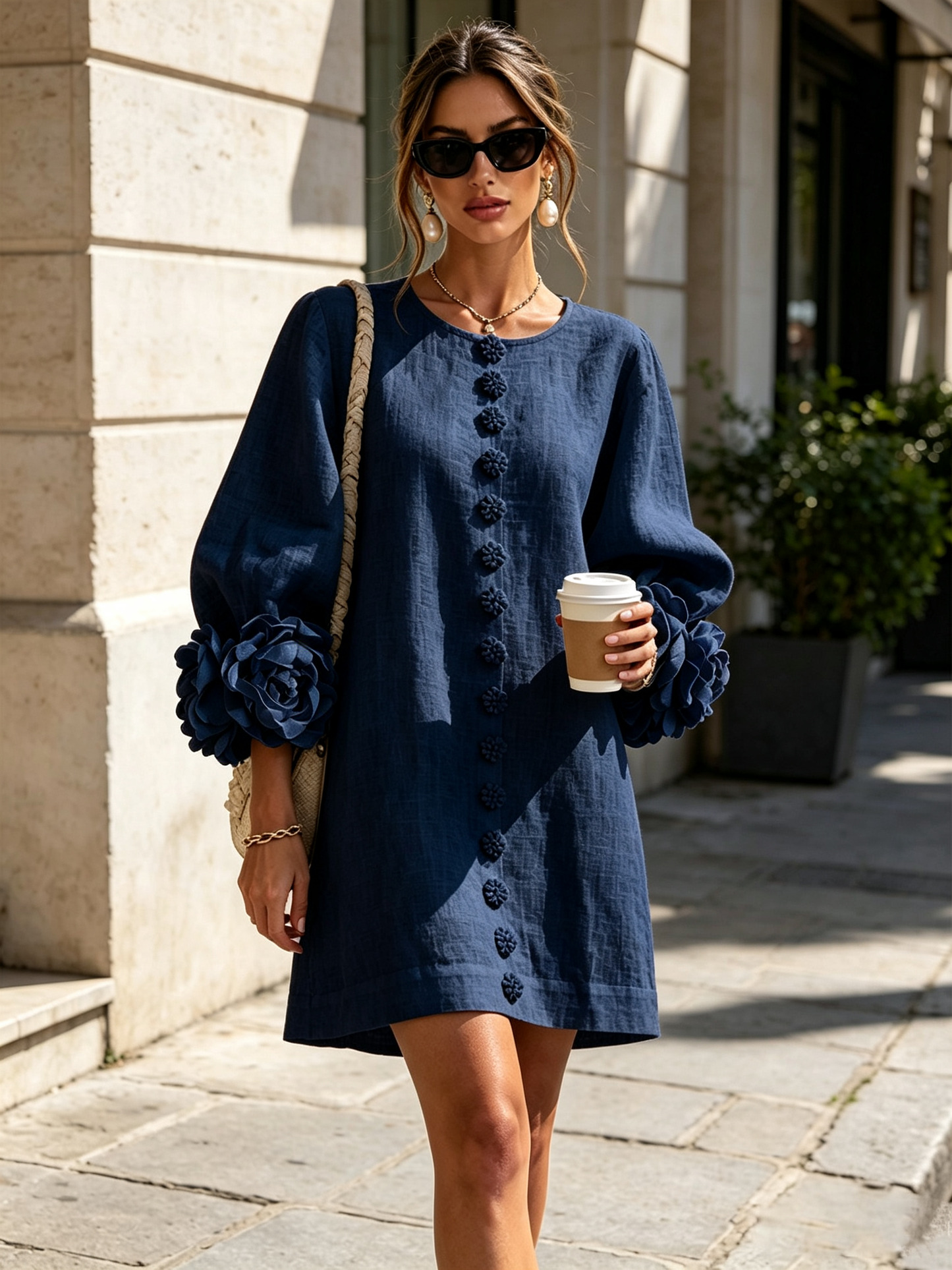 White Floral Button-down Mini Dress With Striking Floral Cuffs