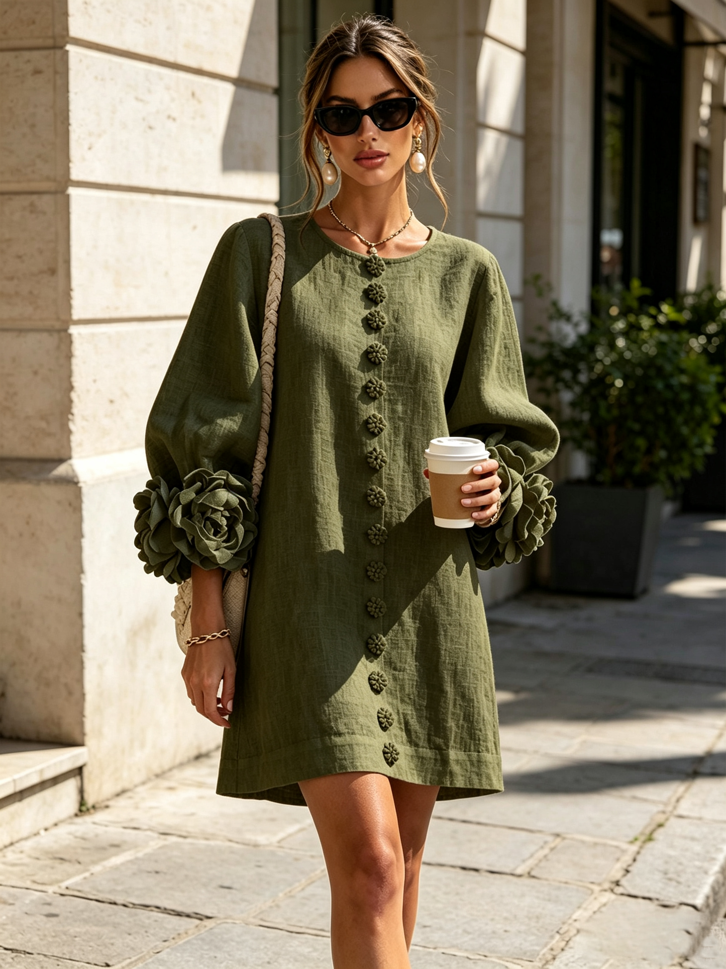 White Floral Button-down Mini Dress With Striking Floral Cuffs