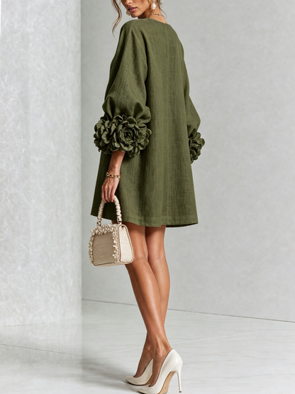 White Floral Button-down Mini Dress With Striking Floral Cuffs
