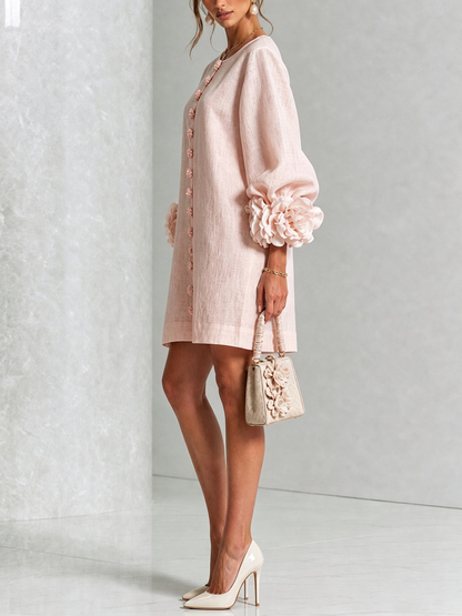 White Floral Button-down Mini Dress With Striking Floral Cuffs