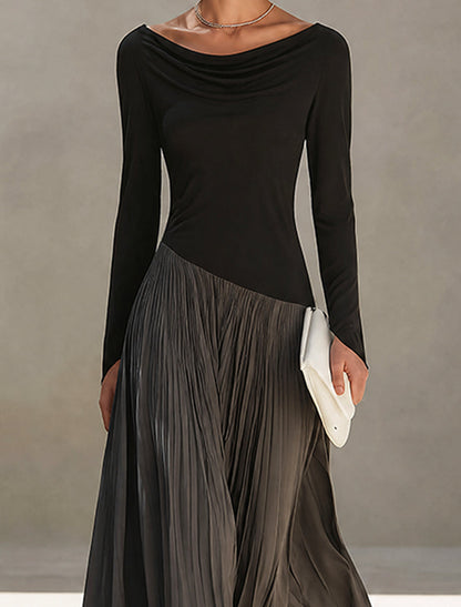 Black And Grey Two-tone Patchwork Draped Neckline Pleated Maxi Dress