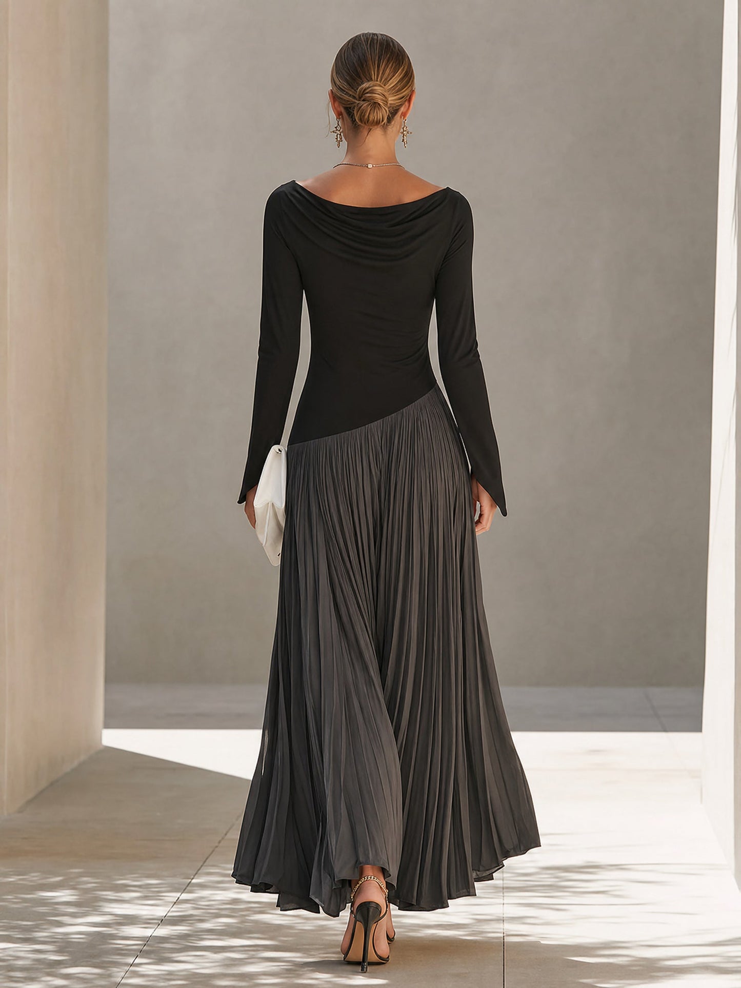Black And Grey Two-tone Patchwork Draped Neckline Pleated Maxi Dress