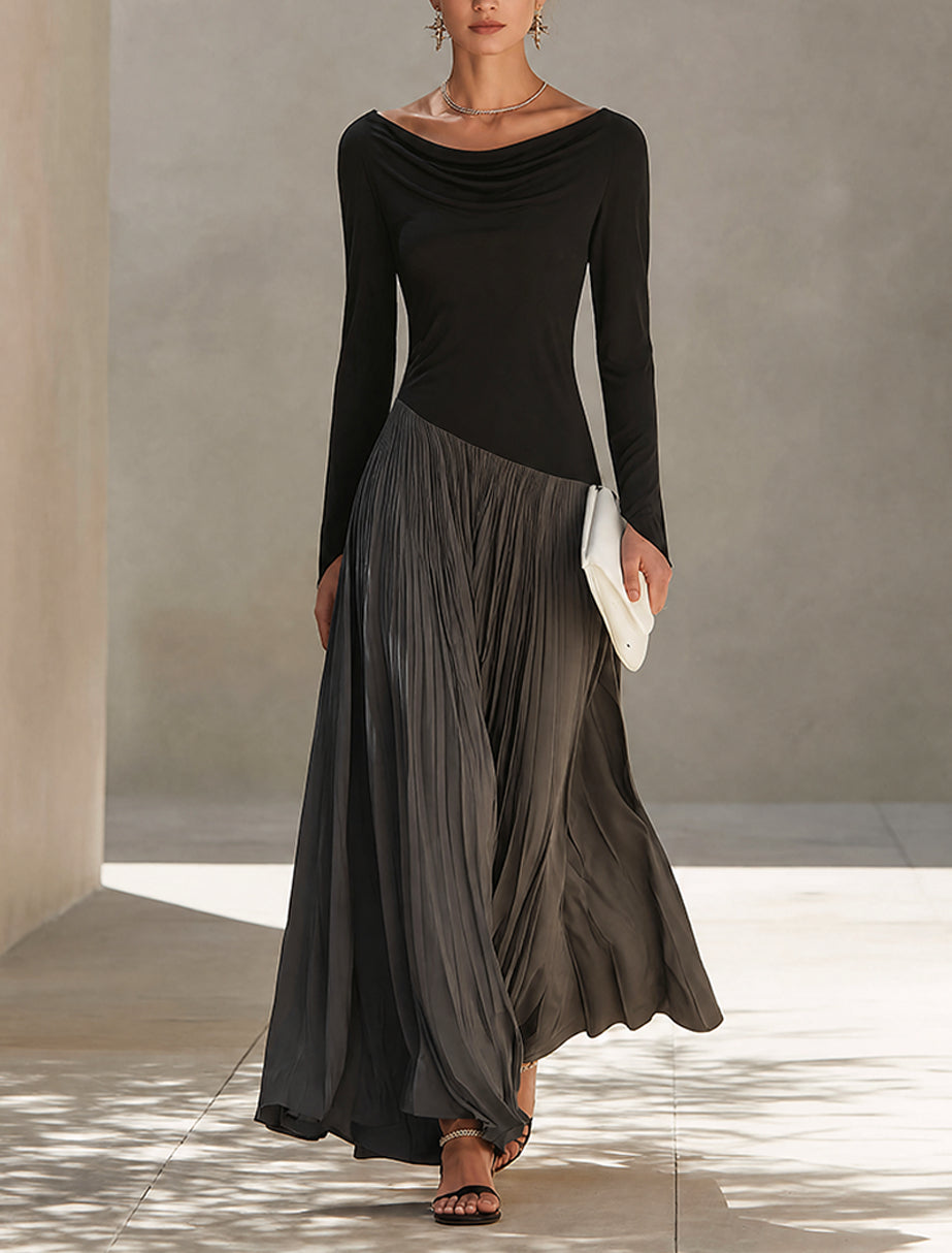 Black And Grey Two-tone Patchwork Draped Neckline Pleated Maxi Dress