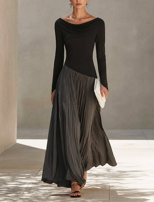 Black And Grey Two-tone Patchwork Draped Neckline Pleated Maxi Dress