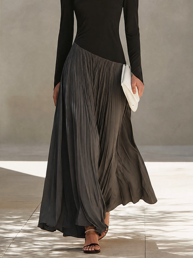 Black And Grey Two-tone Patchwork Draped Neckline Pleated Maxi Dress