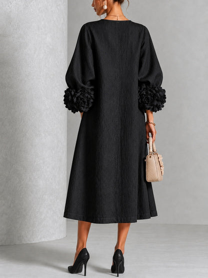 Black Floral Button-down Midi Dress With Striking Floral Cuffs