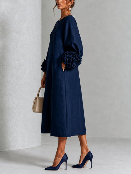 Navy Floral Button-down Midi Dress With Striking Floral Cuffs