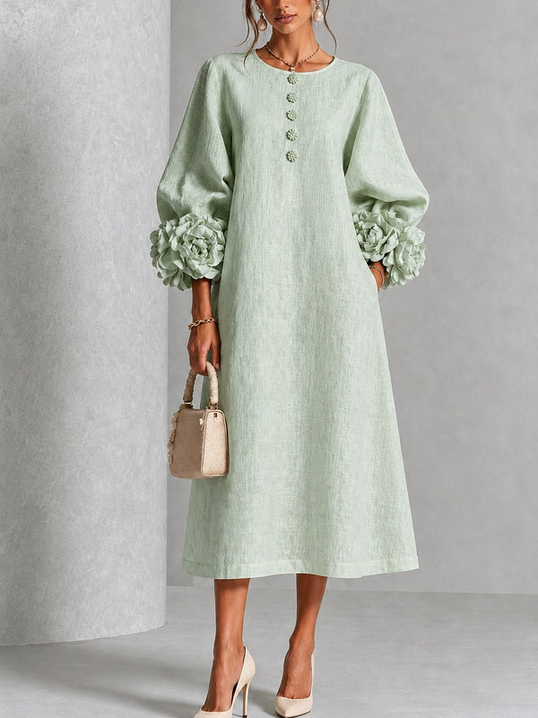 Sage Mist Floral Button-down Midi Dress With Striking Floral Cuffs