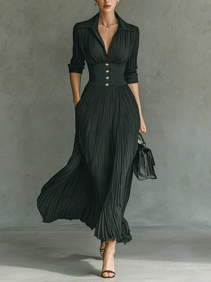 Elvire | Long Pleated Dress with Structured Collar and High Waist
