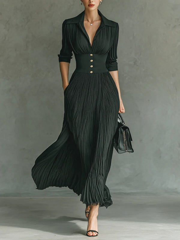 Elvire | Long Pleated Dress with Structured Collar and High Waist