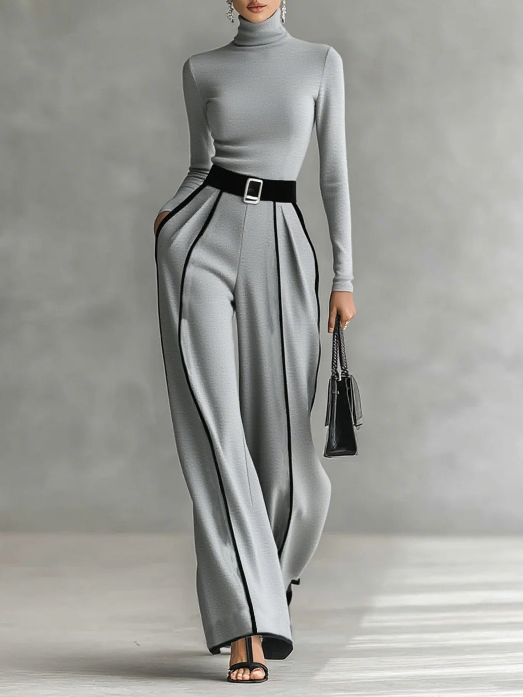 Adèle | High Neck Set with White Trim and Wide Trousers