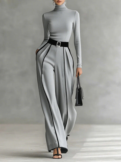 Adèle | High Neck Set with White Trim and Wide Trousers