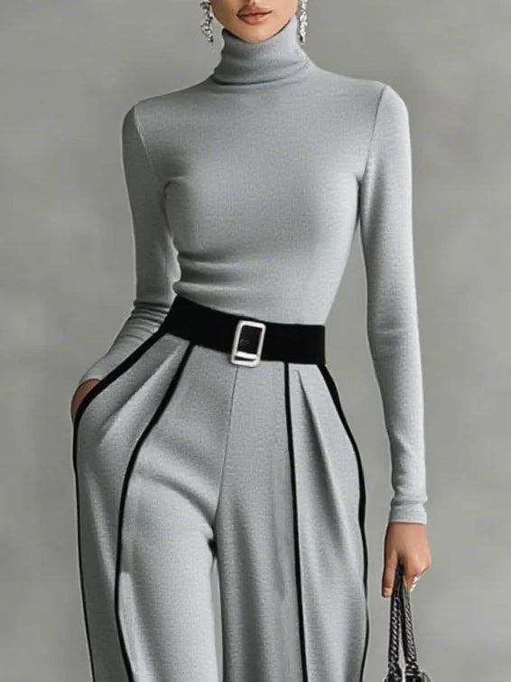 Adèle | High Neck Set with White Trim and Wide Trousers