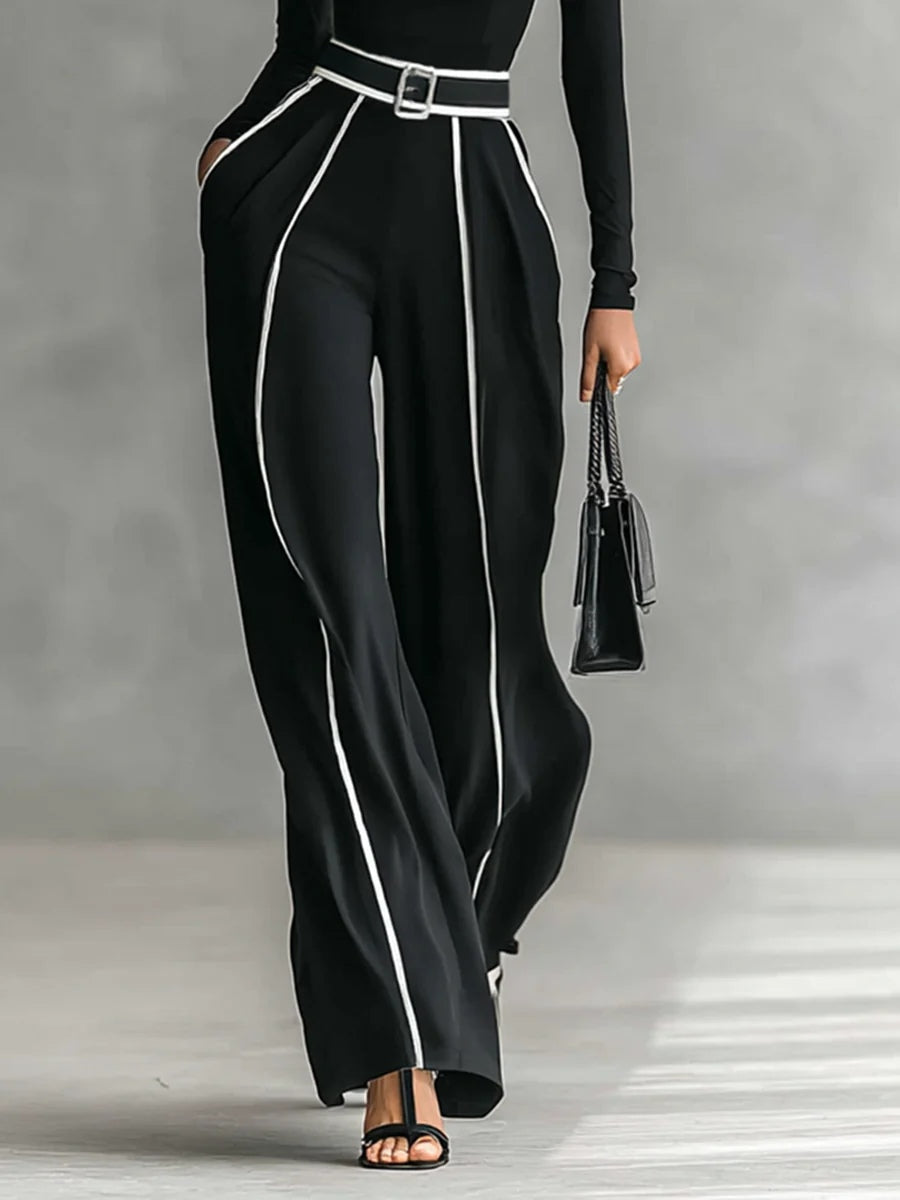 Adèle | High Neck Set with White Trim and Wide Trousers