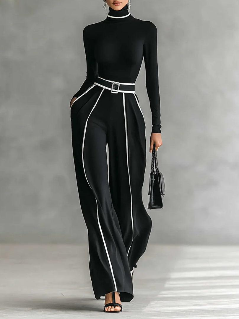 Adèle | High Neck Set with White Trim and Wide Trousers