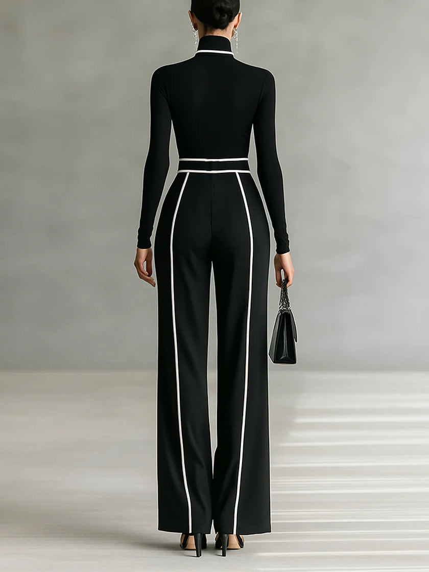 Adèle | High Neck Set with White Trim and Wide Trousers