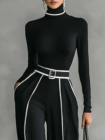 Adèle | High Neck Set with White Trim and Wide Trousers