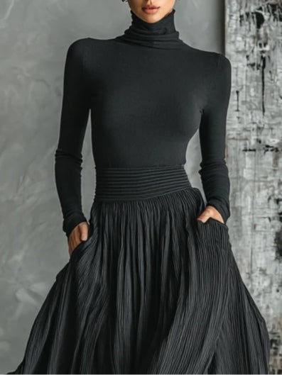 Prudence | Pleated Skirt and Black Roll Neck T-shirt Set