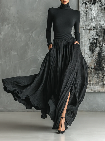 Prudence | Pleated Skirt and Black Roll Neck T-shirt Set