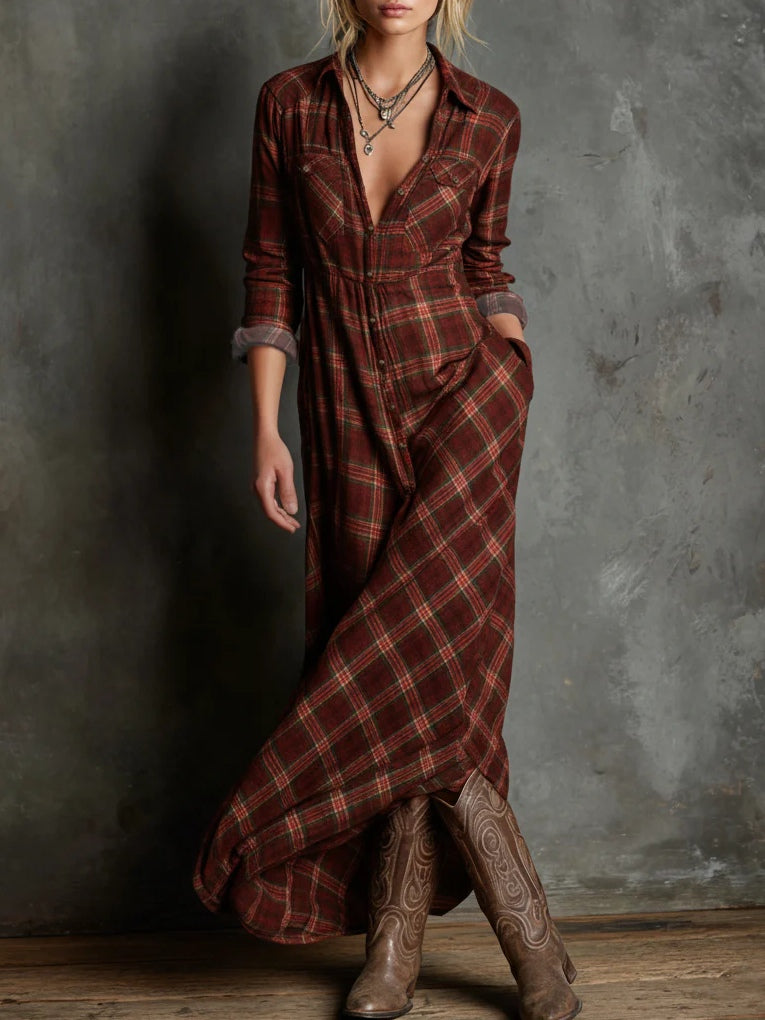 Margaux | Long Check Shirt Dress in Green