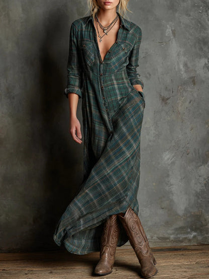 Margaux | Long Check Shirt Dress in Green