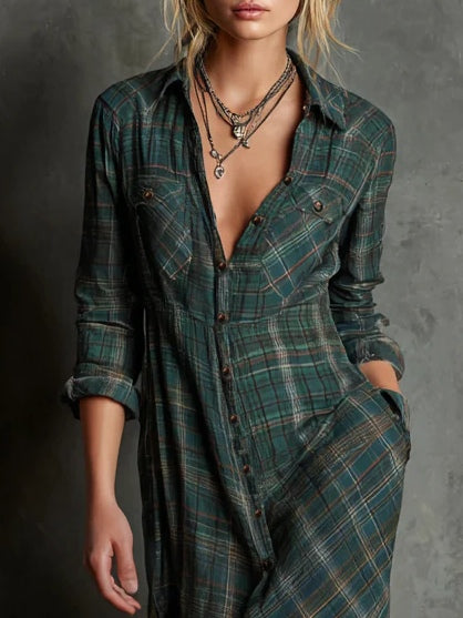 Margaux | Long Check Shirt Dress in Green