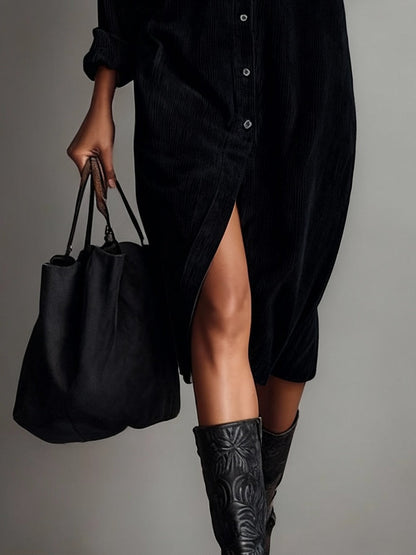 Béatrice | Midi Dress in Corduroy with Pockets and Single Button Closure