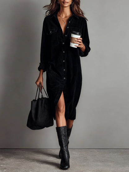 Women's Corduroy Look Midi Shirt Dress with Double Chest Pockets - image 4