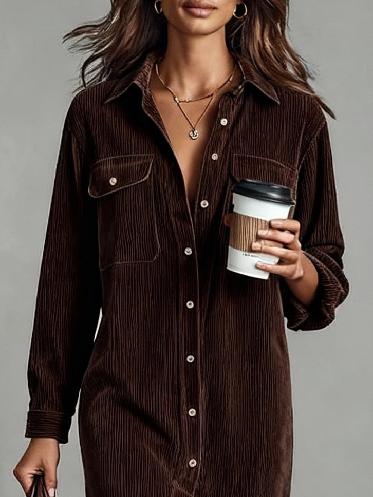Béatrice | Midi Dress in Corduroy with Pockets and Single Button Closure