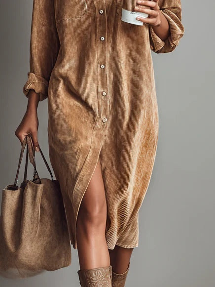 Béatrice | Midi Dress in Corduroy with Pockets and Single Button Closure